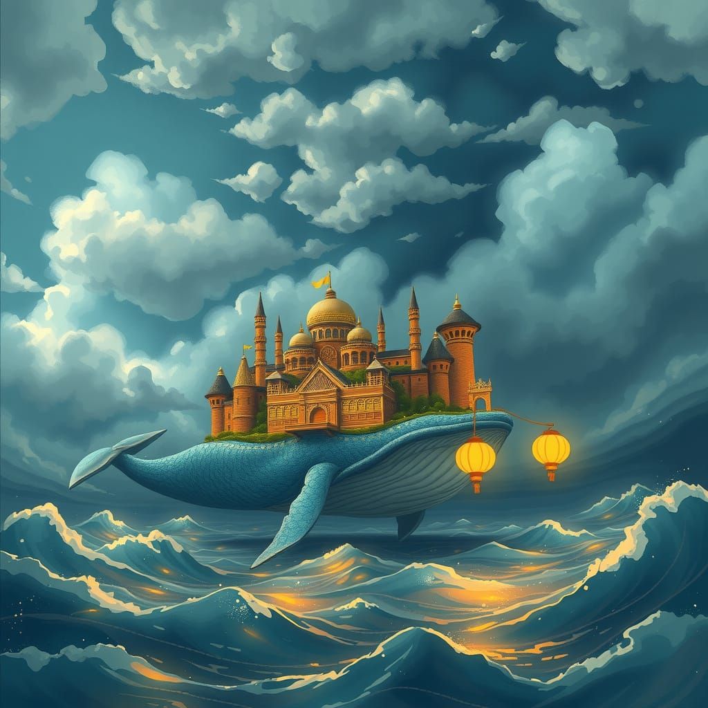 Whimsical Whale Supports Floating City Amidst Storm