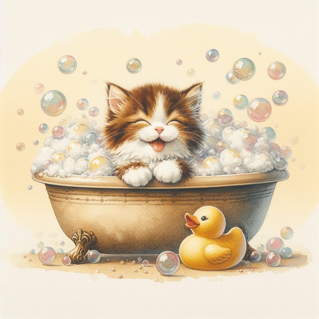 Kitten Bath Time with Bubbles and Rubber Duck