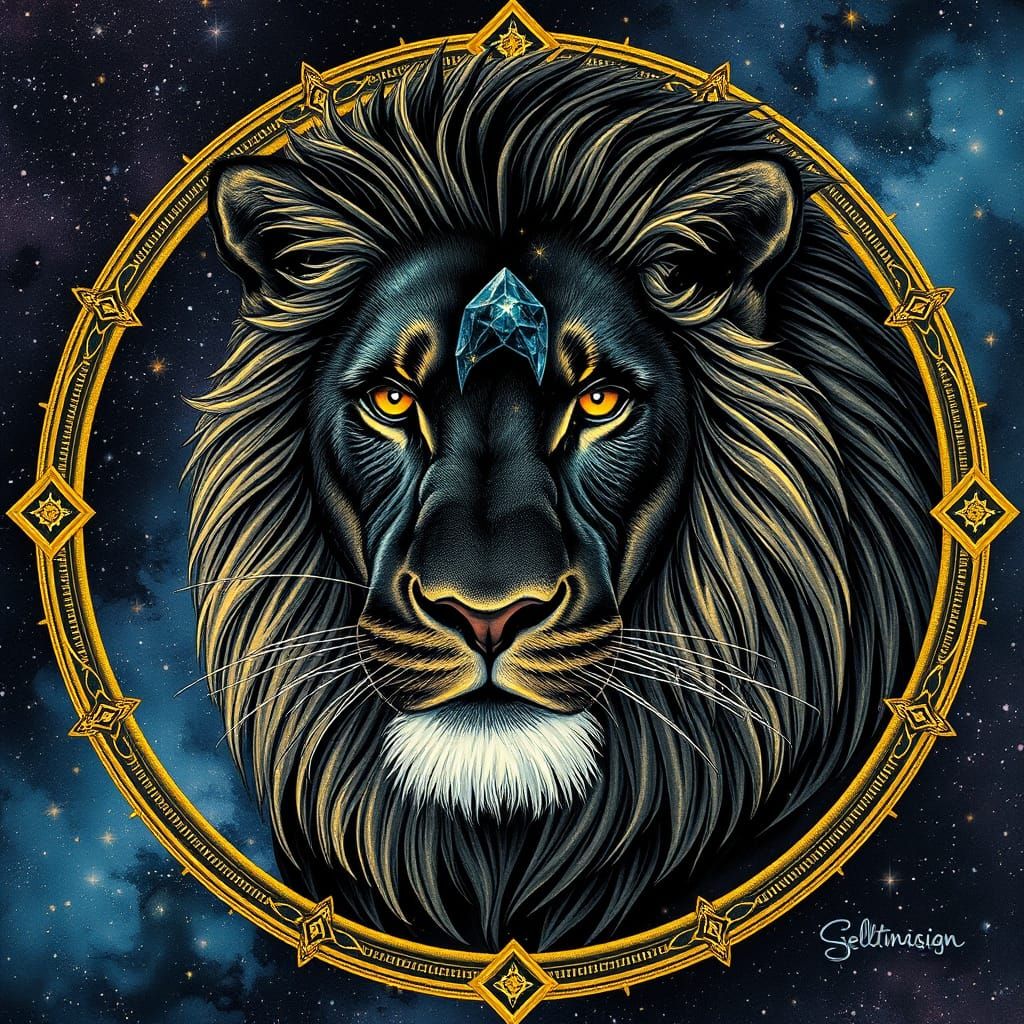 Black Lion in Golden Art Nouveau Cosmic Frame