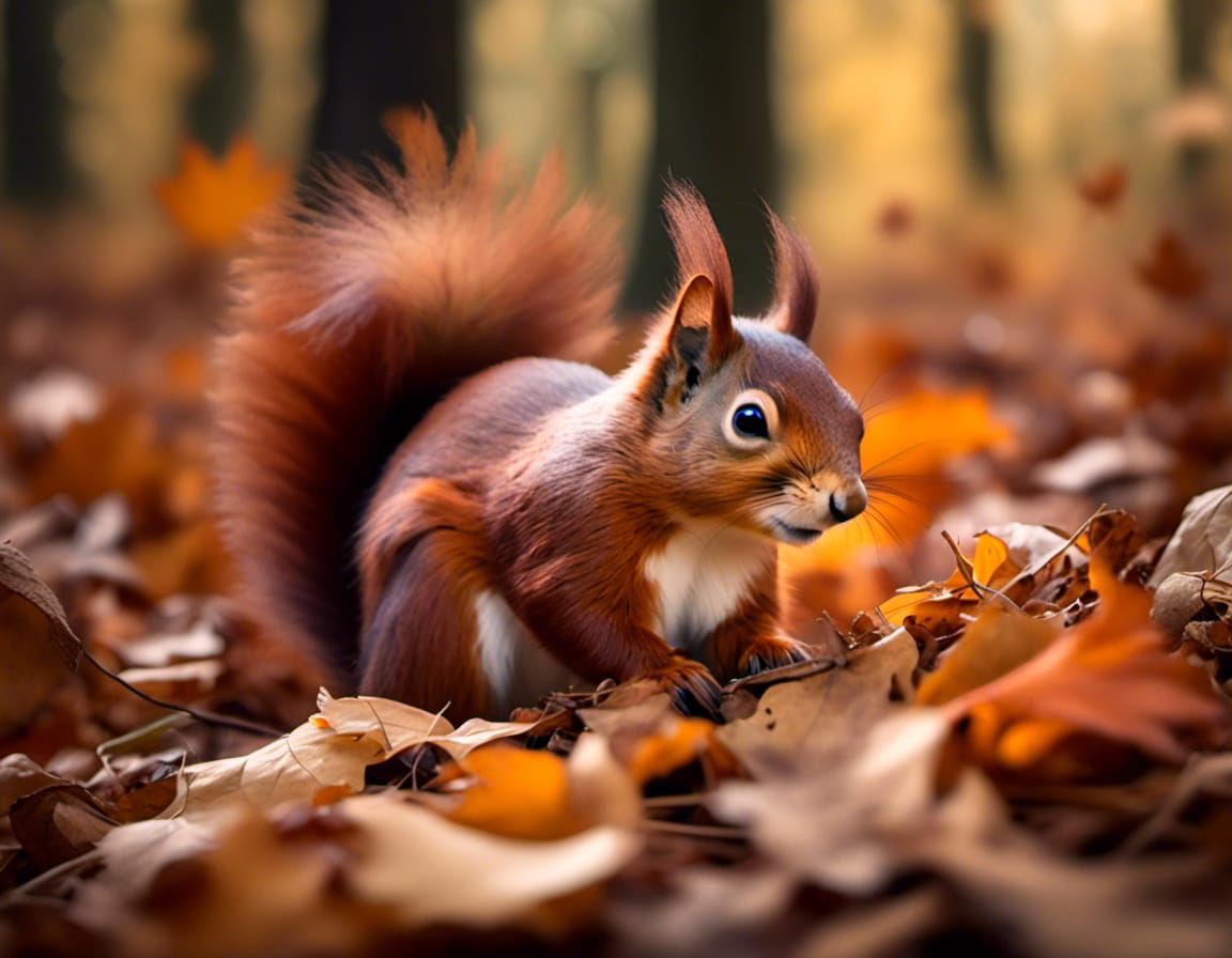 Red Squirrel Sleeping in Forest Leaves, Antique Watercolor
