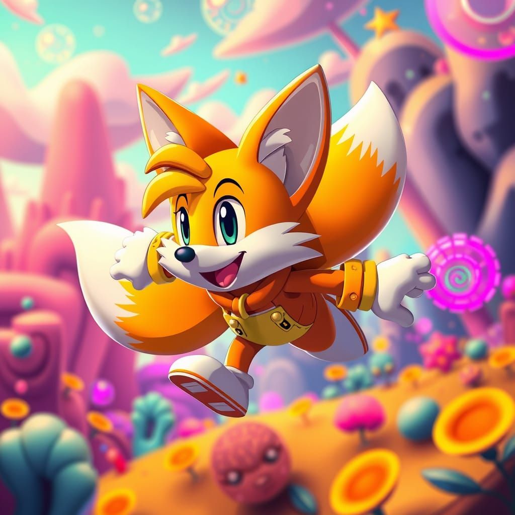 Tails the Fox Flies Through Whimsical Neon Landscape