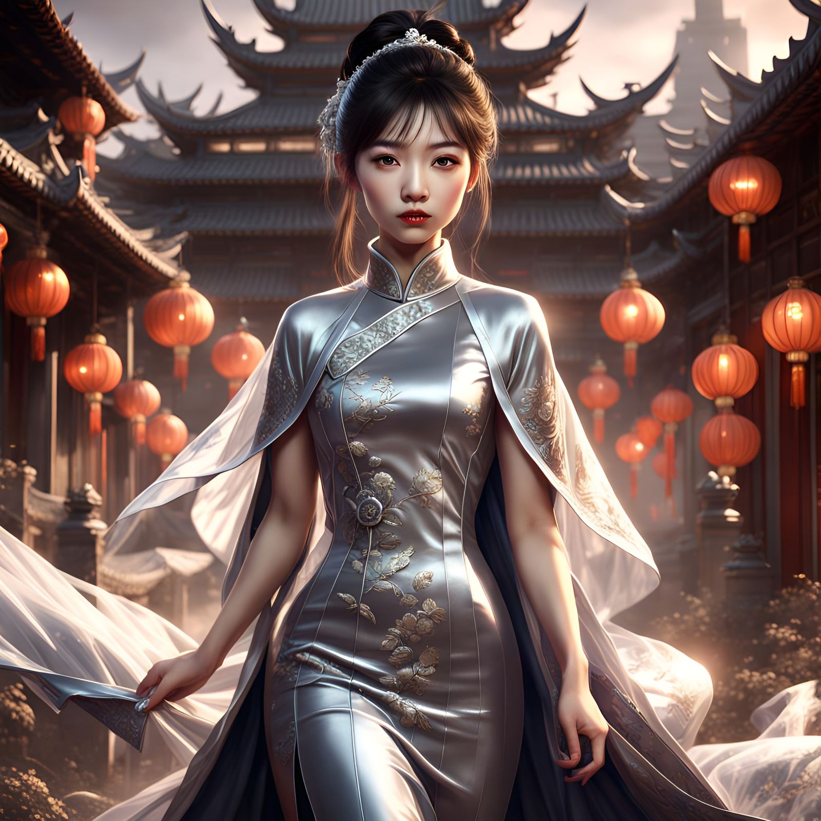 Chinese Girl in Silver Qipao Matte Painting