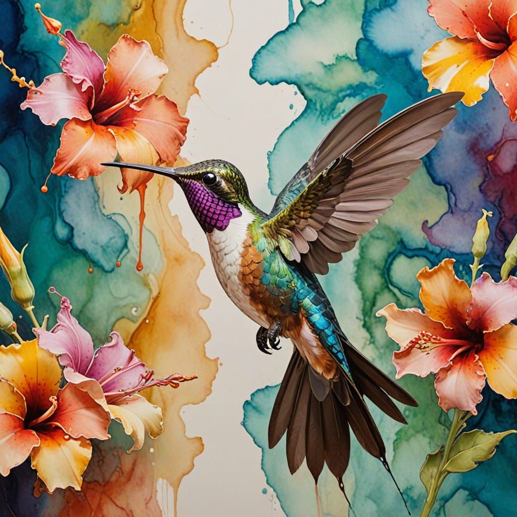 Epic Hummingbird in Tropical Bloom, in Vibrant Alcohol Ink S...