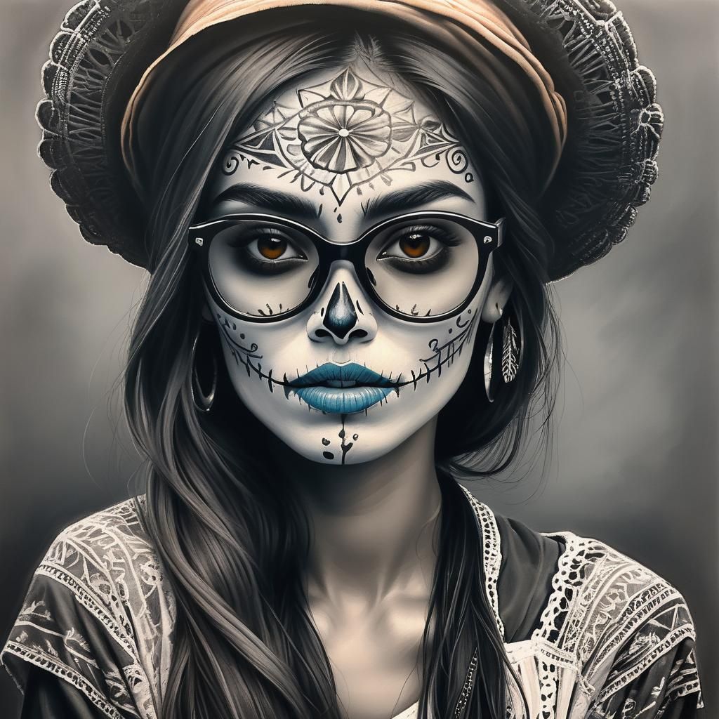 Venezuelan Catrina in Charcoal Drawing Style