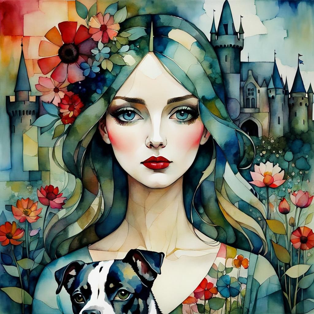 Girl and Dog in Castle Garden: Alcohol Ink Cubism