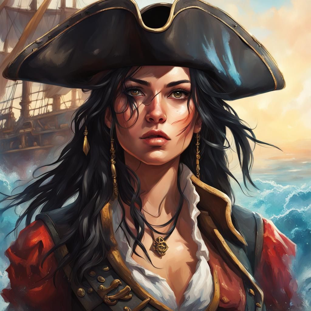 Intricately Detailed Portrait of Black Haired Pirate Girl