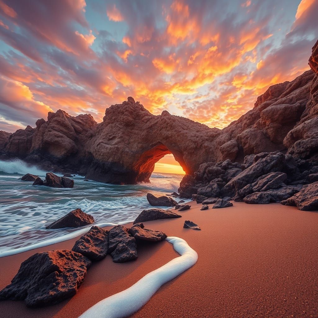 Majestic Natural Arch on a Sunset Beach