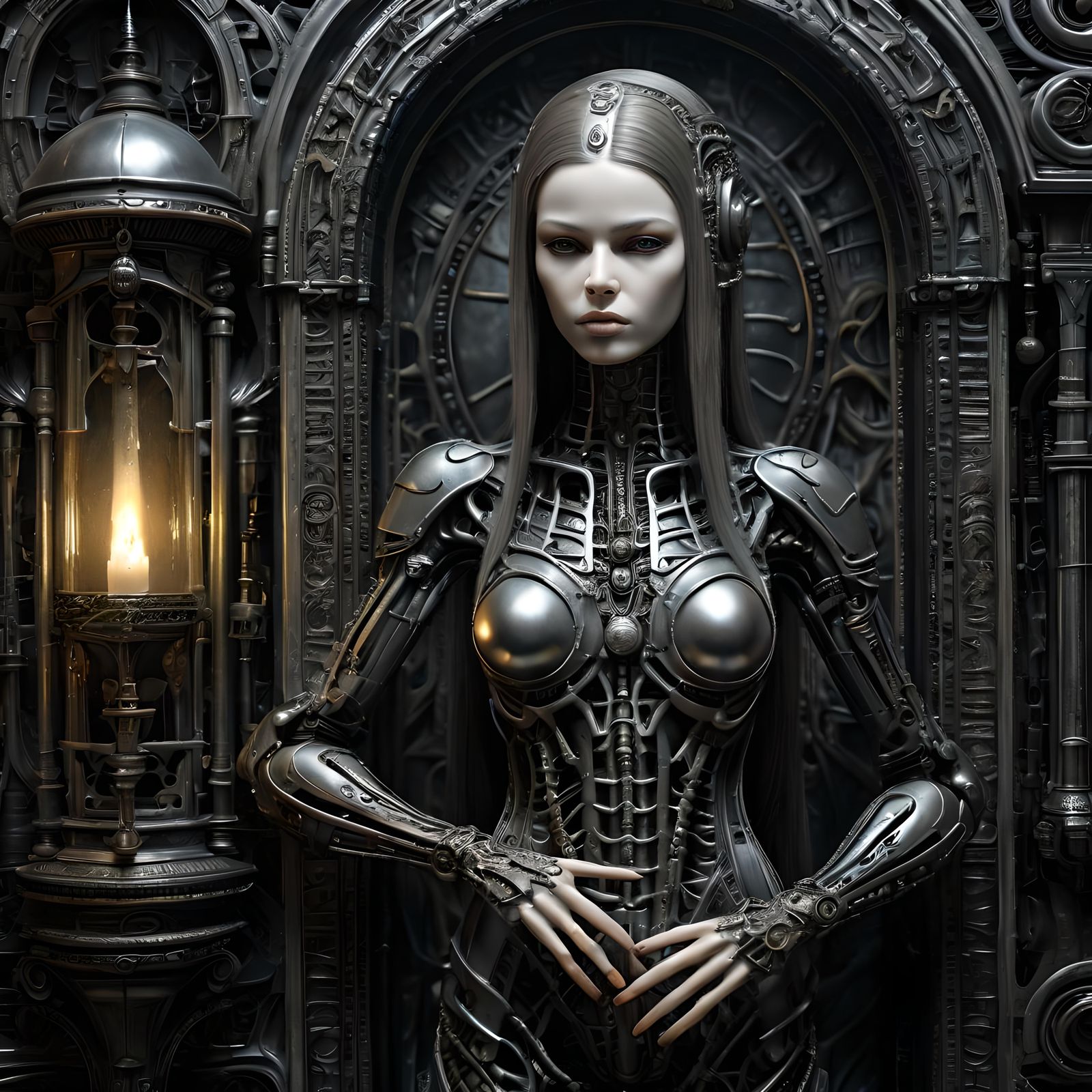 Giger Style Woman with Biomechanical Exoskeleton Lantern
