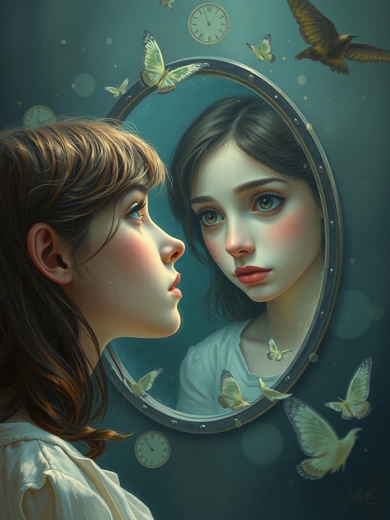 Girl Gazing in Mystical Mirror, Dreamlike Realism