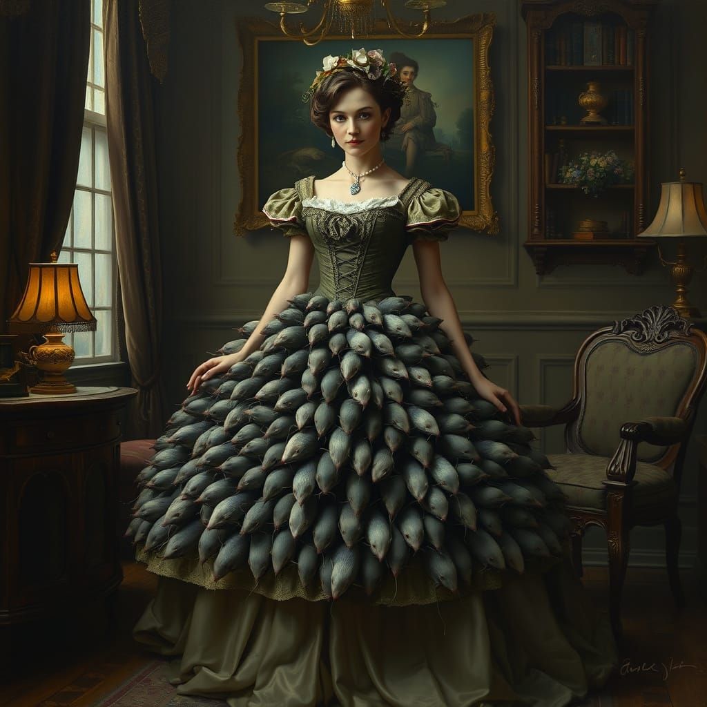 Victorian Woman's Mouse Skirt: Oil Painting