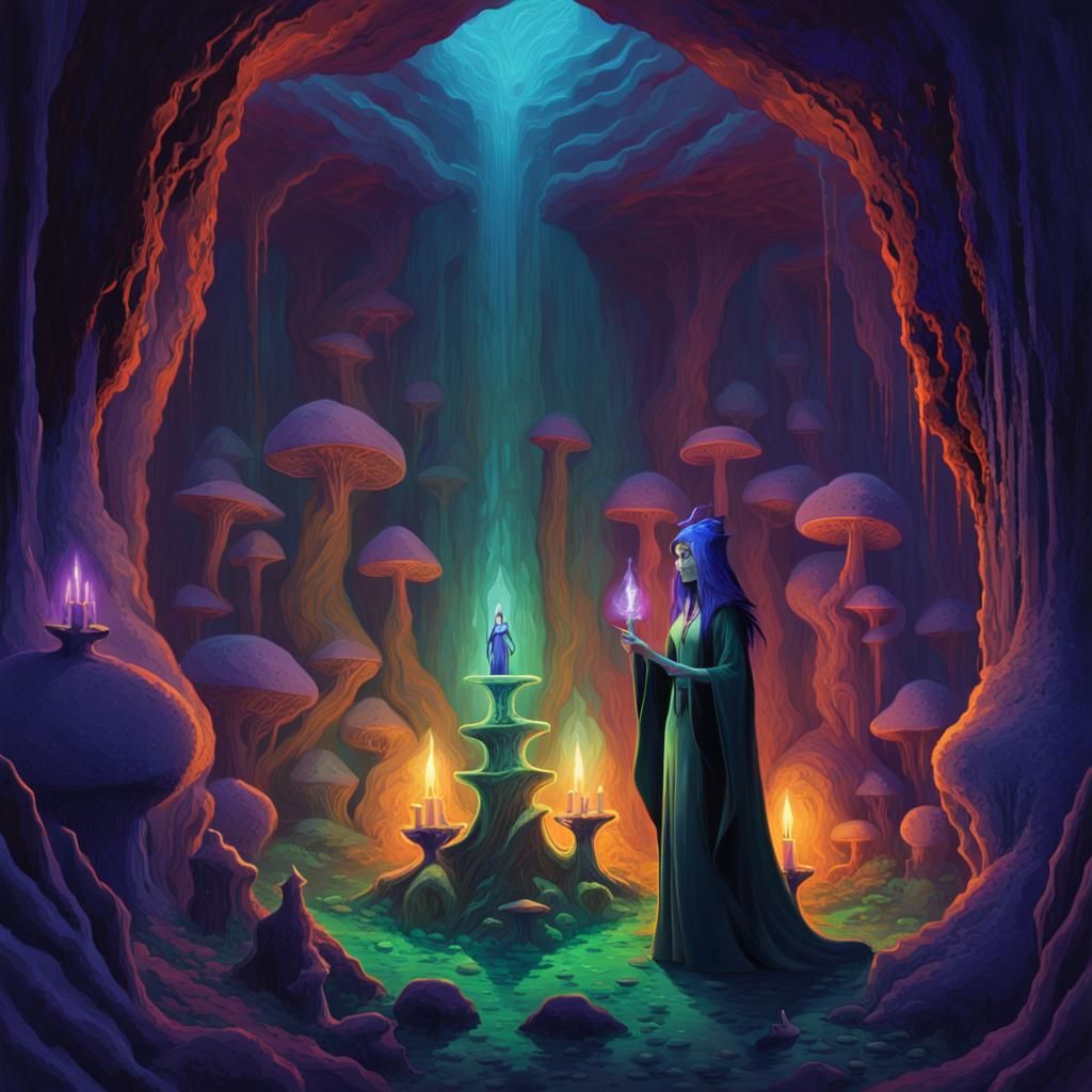 Mystical Sorceress in a Dark Fantasy Cave