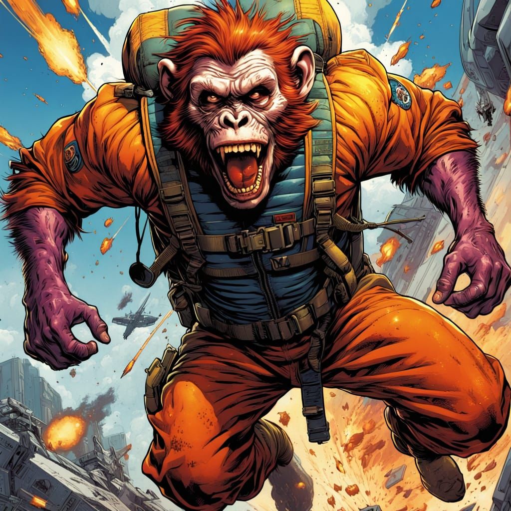 Cyberpunk-Inspired Comic Book Art of a Zombie Monkey Monster...