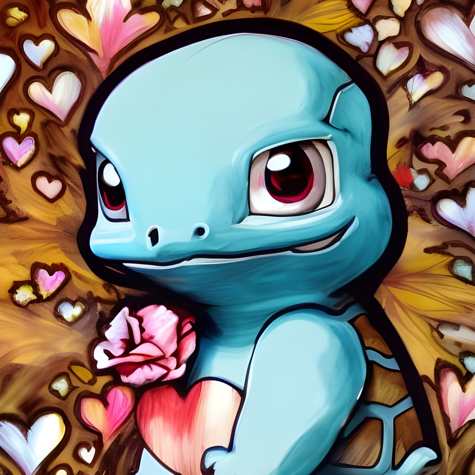 Squirtle Surrounded by Hearts in Rococo Style