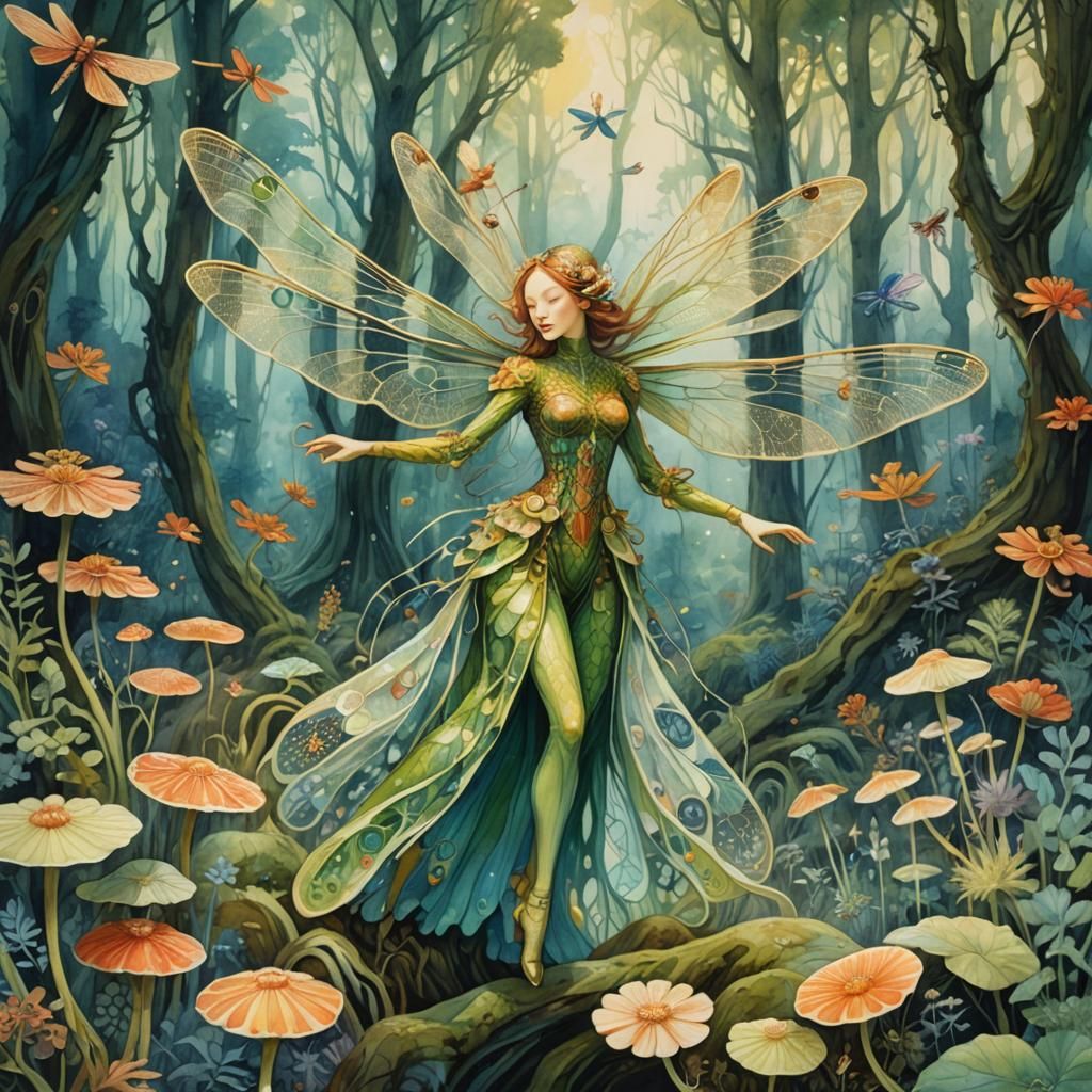 Dragonfly-Human Hybrid in Watercolor Forest