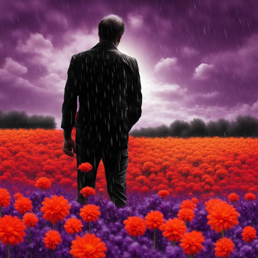 Man in Colorful Flower Field Under Rain Cloud