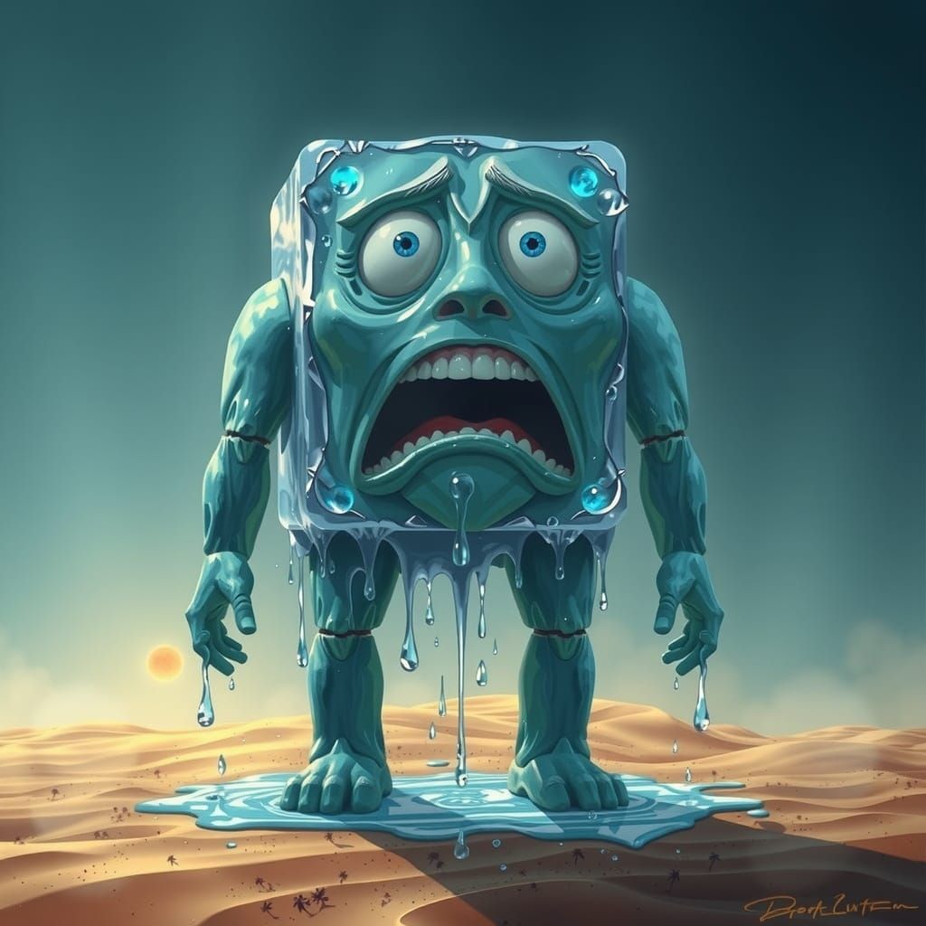 Melting Ice Cube's Beachfront Scream: Surreal Anthropomorphi...