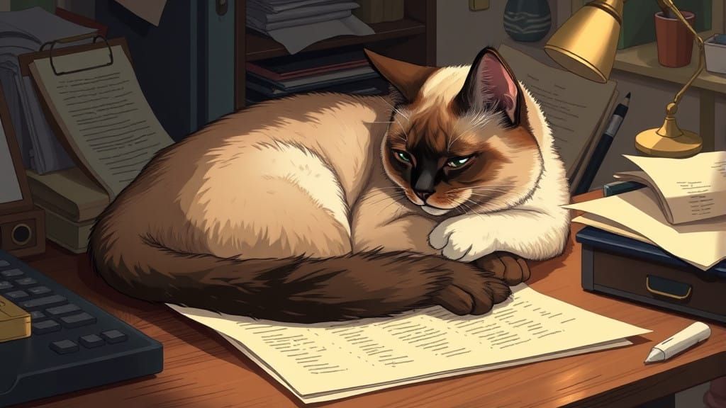 Anime Style Siamese Cat Reads and Writes in a Cozy Study