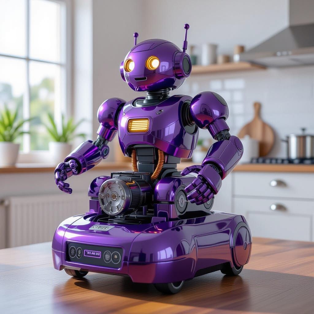 AI-Generated Copper Robot in Modern Purple Kitchen