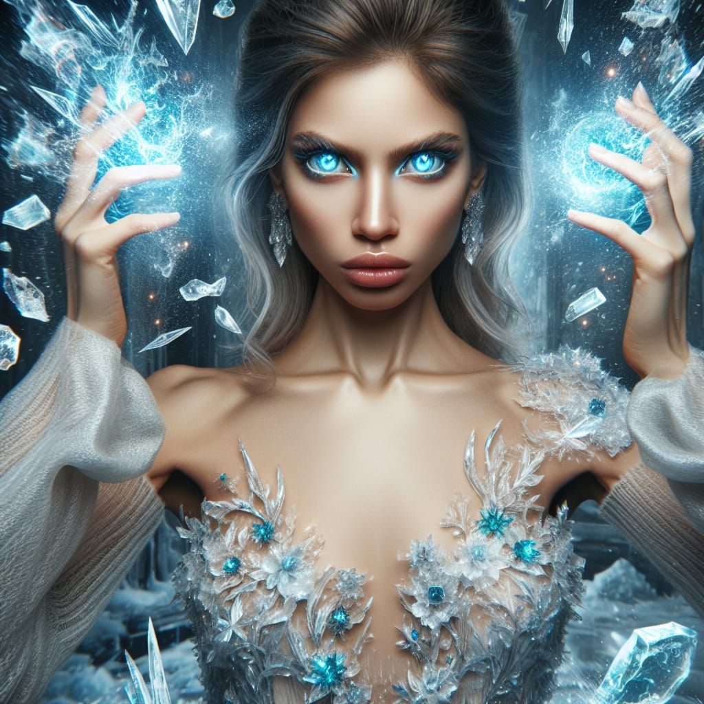 A beautiful portrait of a ethereal young woman, glowing eyes,  dress made of ice
