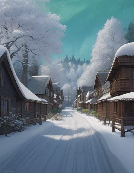 Winter Village Under a Brilliant Green Sky