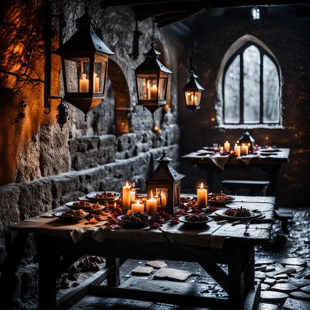 Dark Nordic Medieval Chamber with Feast Remains