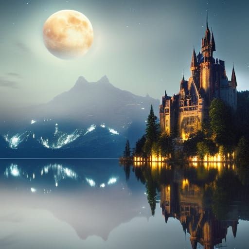 Epic Castle Reflecting in Moonlit Lake