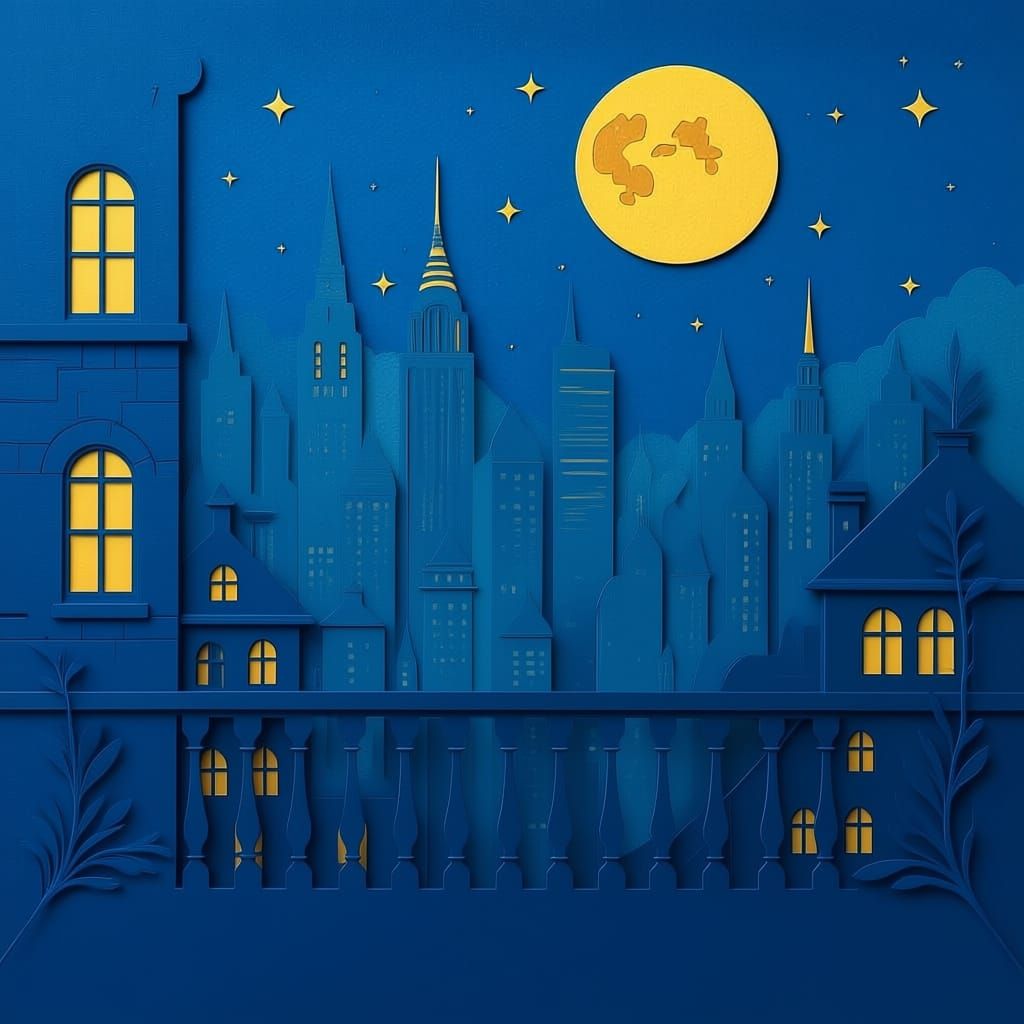 Paper Cut Cityscape at Night with Glowing Moon