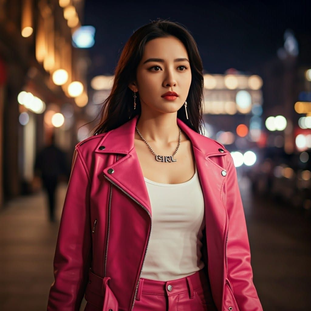 Shanghai Night Scene: Young Woman in Pink Leather