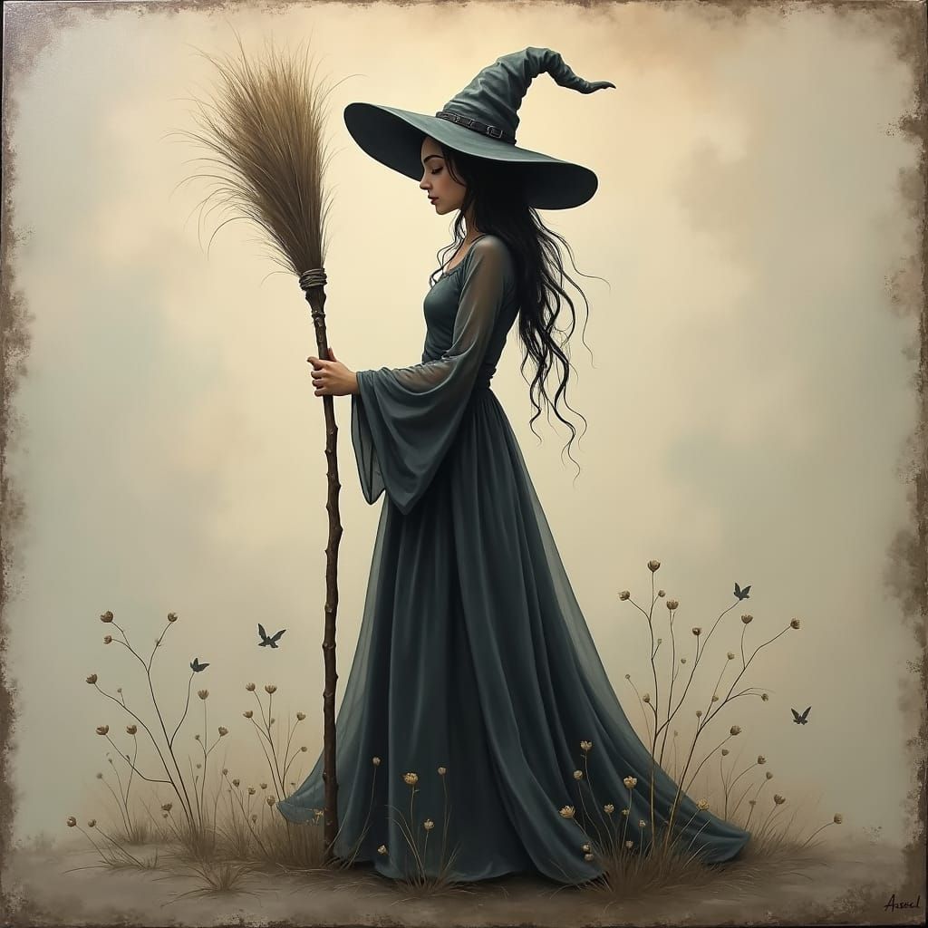Vintage Witch with Broom Oil Painting