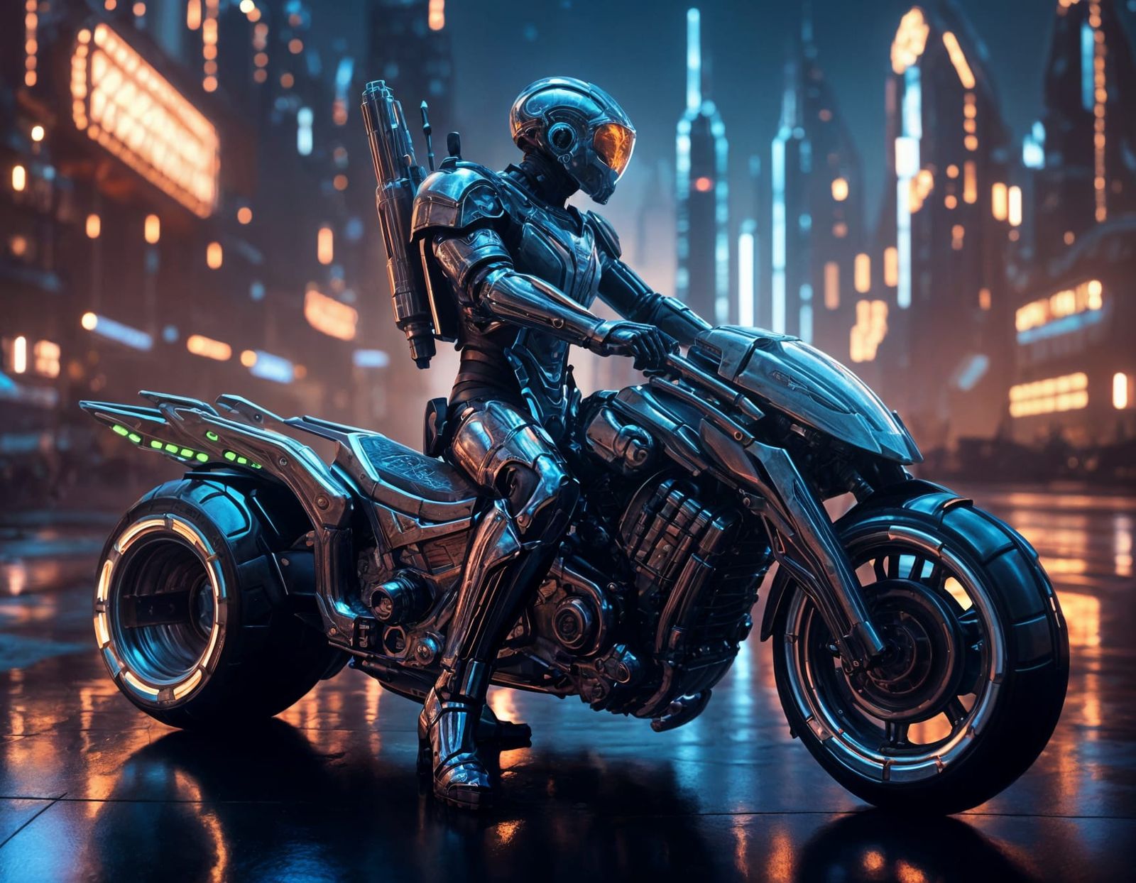 Cyborg Warrior Patrolling the Futuristic Cityscape