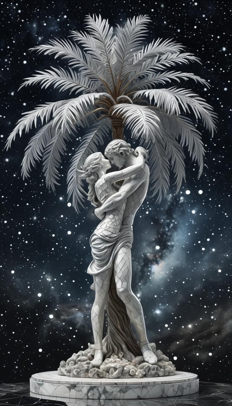 in the foreground the palm tree , the trunk of which is a sculpture of a woman and a man passionately embraced, arms in ...