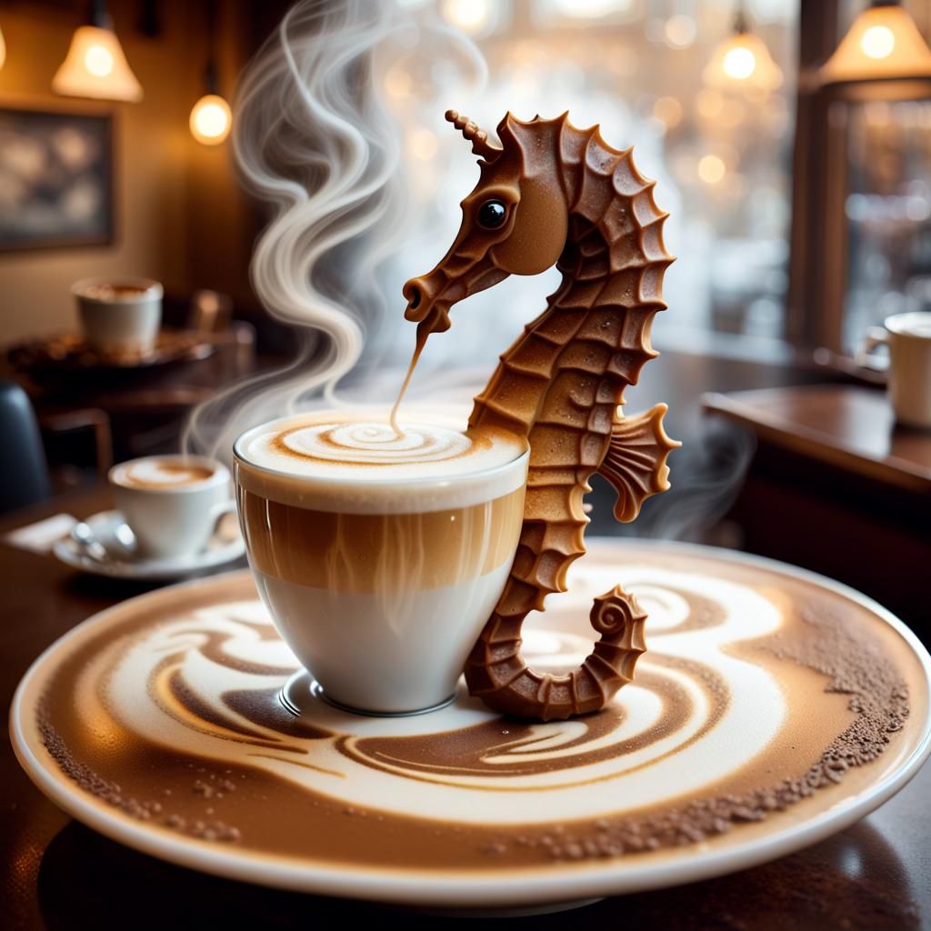 Latte Art Seahorse in Ethereal, Dreamy Style