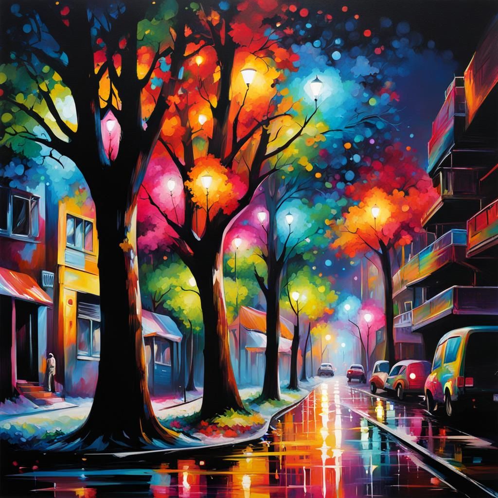 Polychromatic Graffiti Art: Trees, Lights, Street