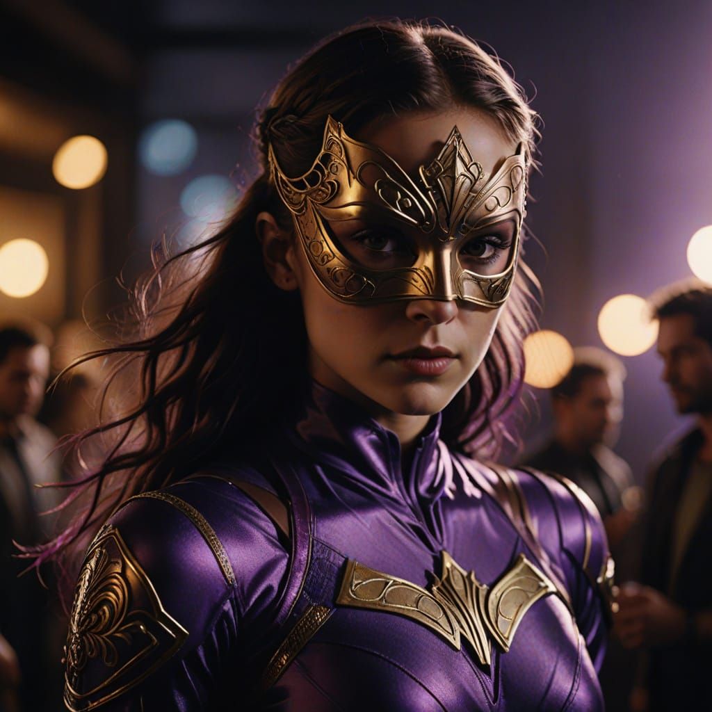 Superheroine in Purple Silk Costume: Hyperrealistic Portrait