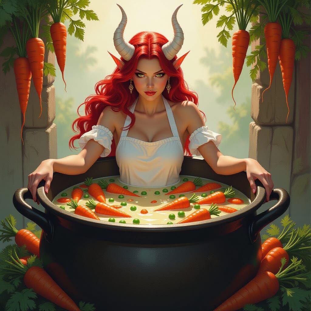 Tiefling Submerged in Vegetable Cauldron, Fantasy Art