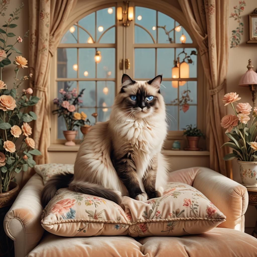 Ragdoll Cat in Vintage Dollhouse Illustration
