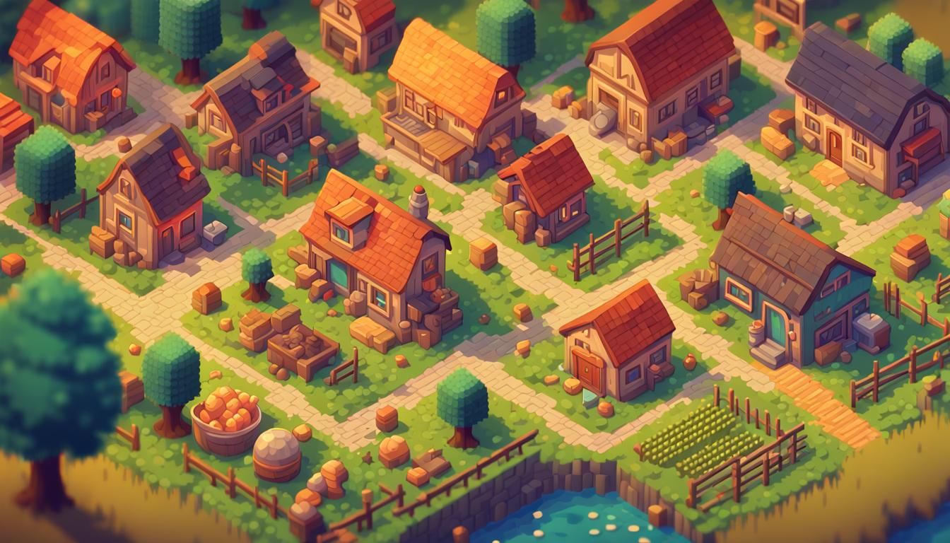 Isometric Pixel Art of Farming Town in Diorama Style