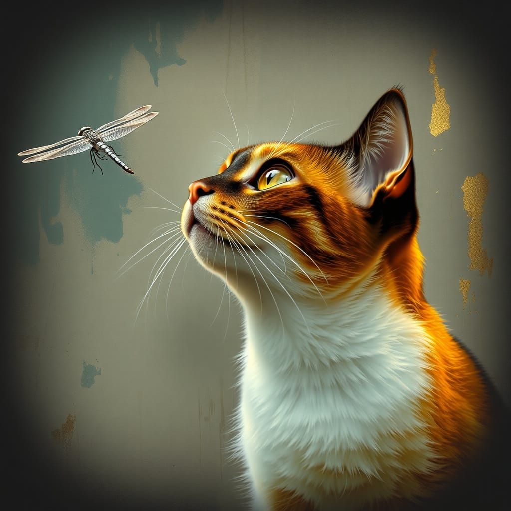 Calico Cat Gazing at Dragonfly in Da Vinci Style