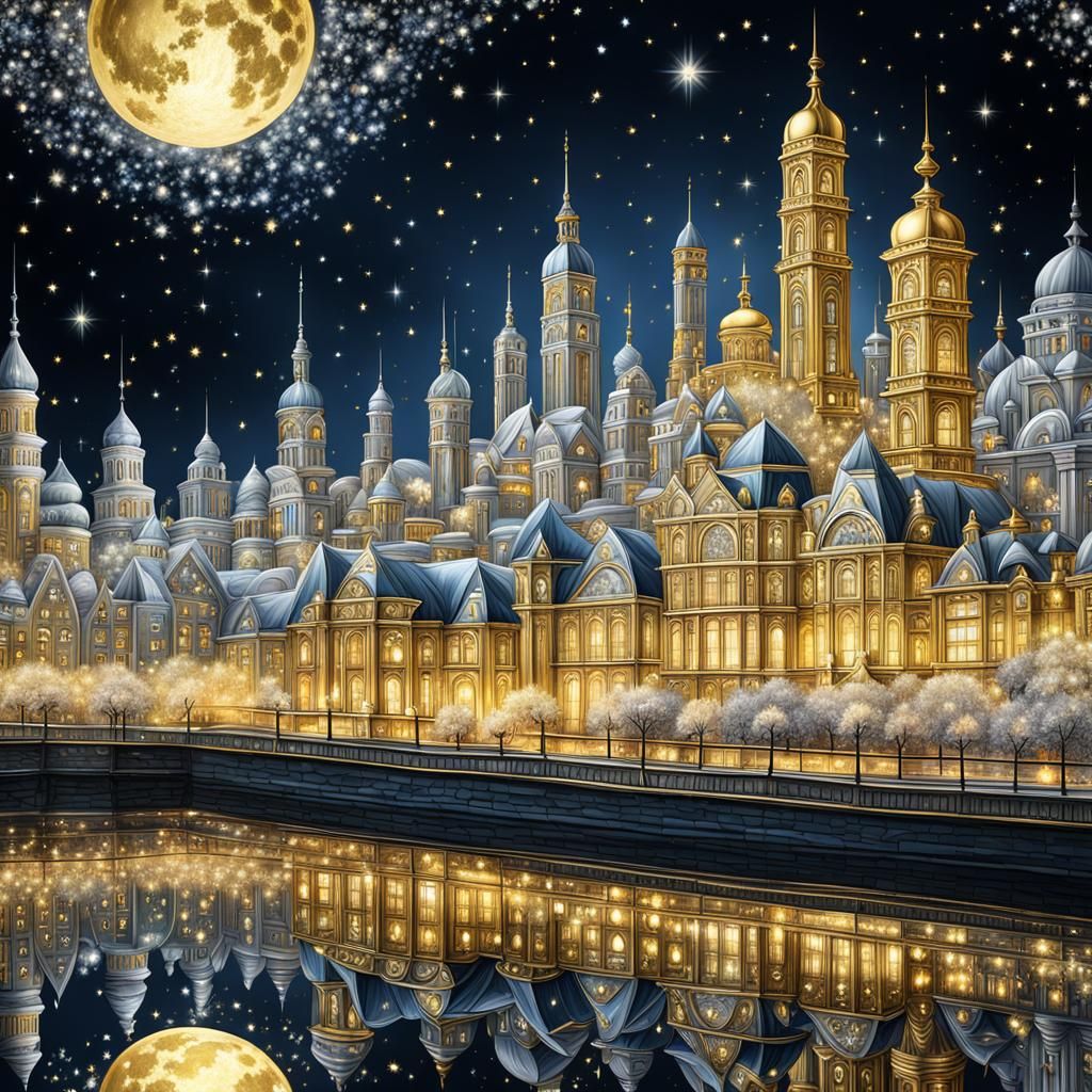 Magical Crystal Cityscape at Midnight in Rococo Style