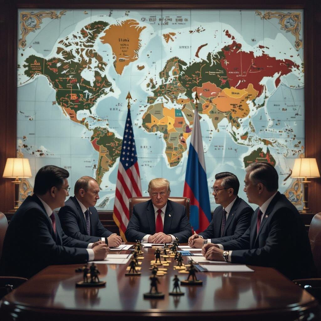 World Leaders at War Table, Retro-Futuristic Illustration
