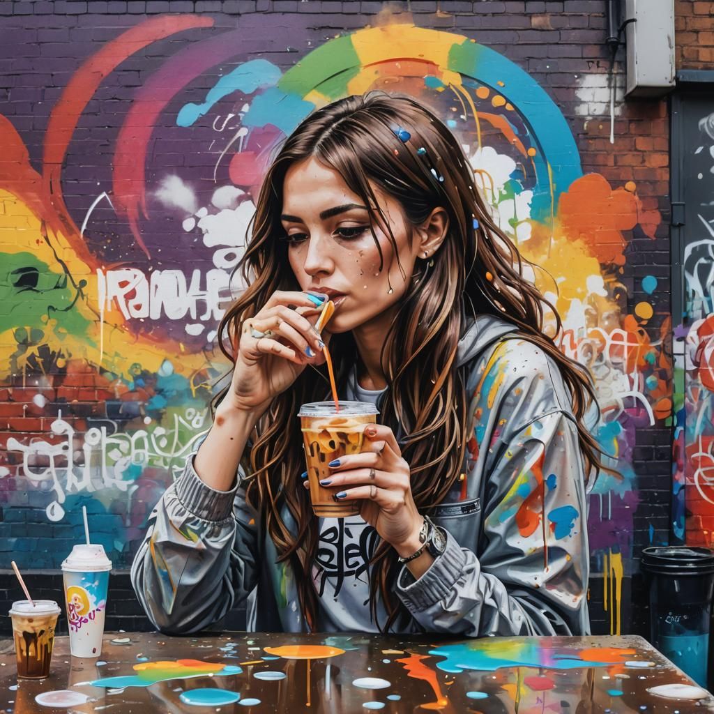 Brunette Woman in London: Graffiti Art Rainbow