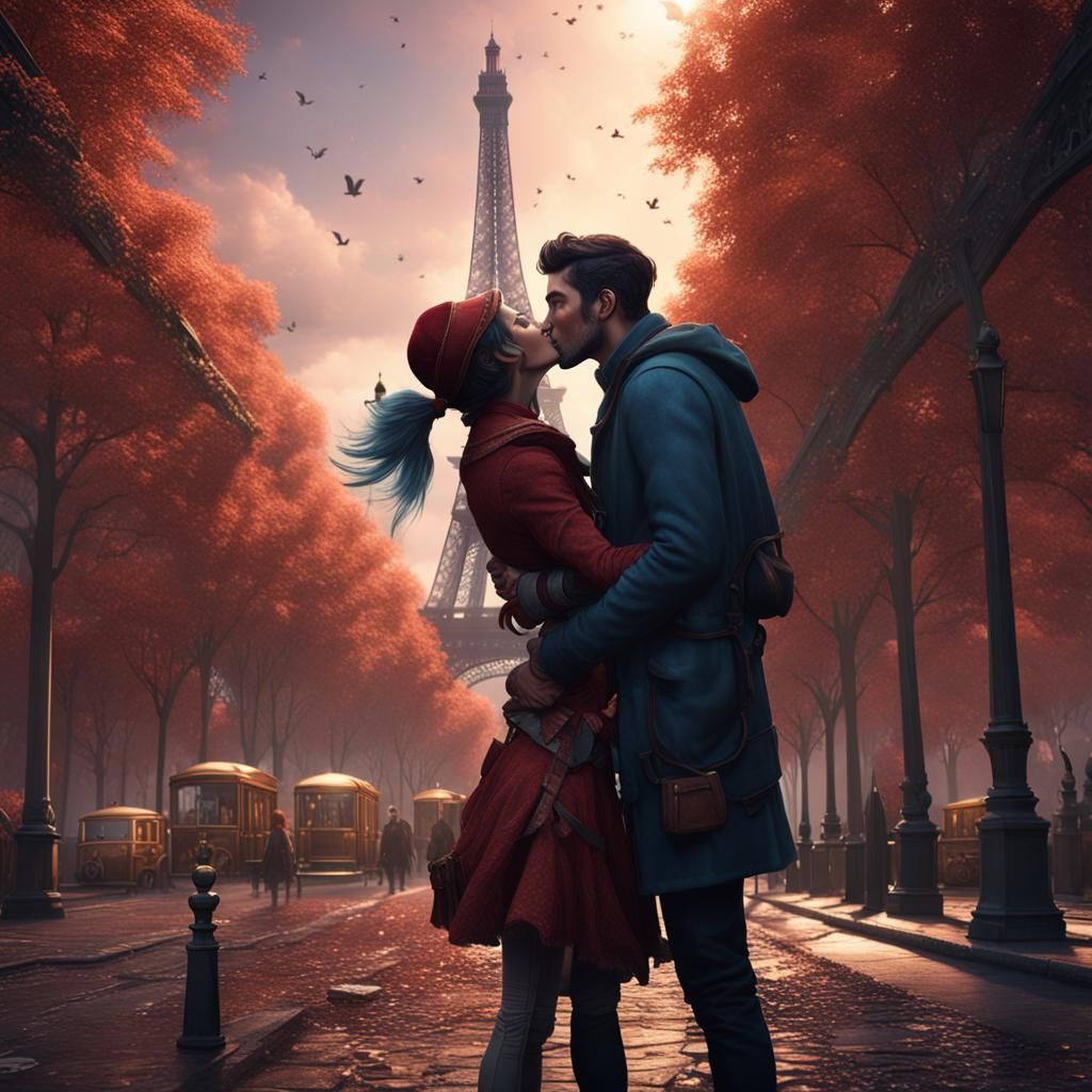 Romantic Couple Kissing in Paris: Fantasy Concept Art