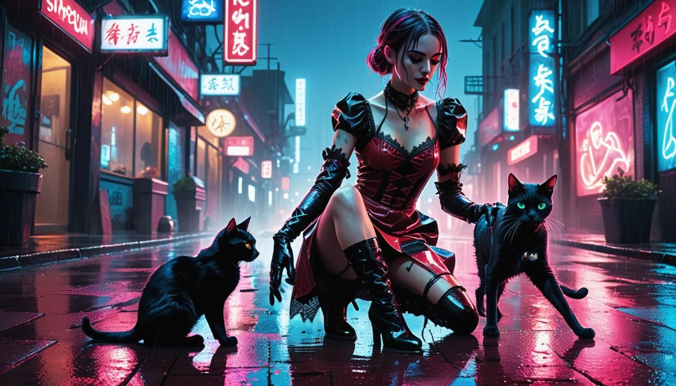 Cyberpunk Cityscape with Gothic Woman and Cat