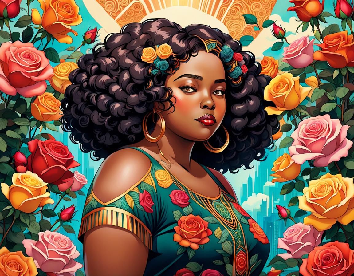 Art Deco Roses with Woman in Studio Ghibli Style