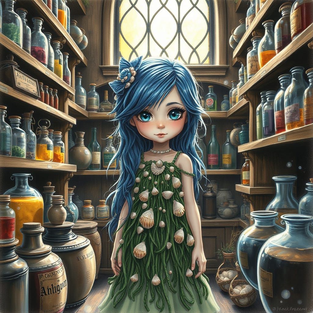 Girl in Whimsical Apothecary with Seaweed Gown and Shimmerin...