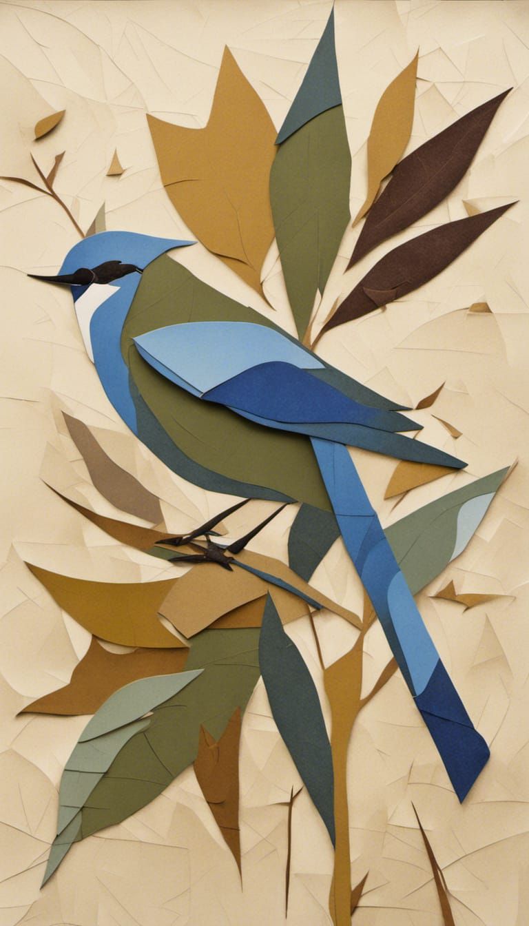 Autumn Leaves, Bluebird, and Nest in Cubist Style