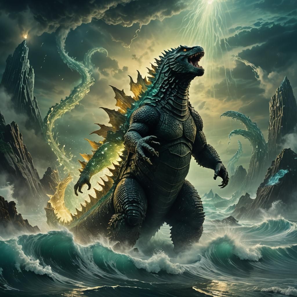 Creamy Godzilla Rising from Bioluminescent Ocean