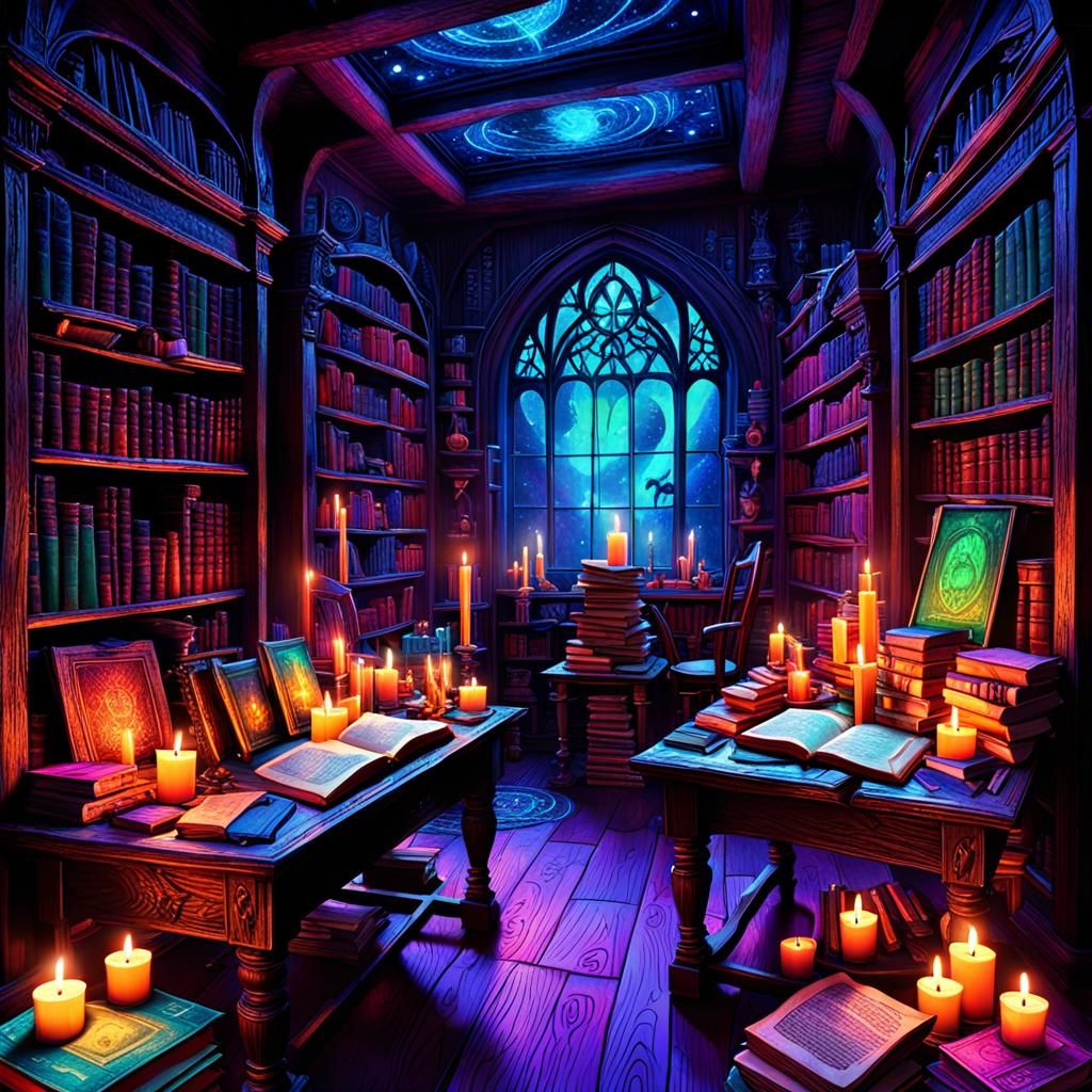 Colorful Book Room with Glowing Runes in Digital Art
