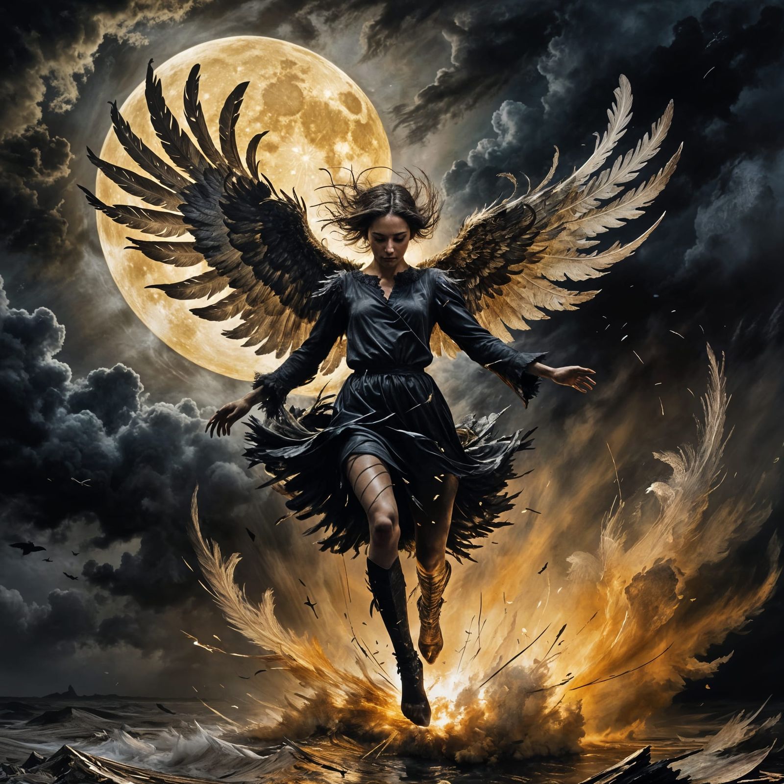 Dark Angel with Shadow Wings in Dramatic Sky