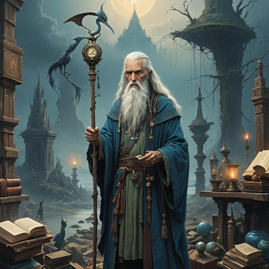 Mysterious Sage Surrounded by Ancient Tomes